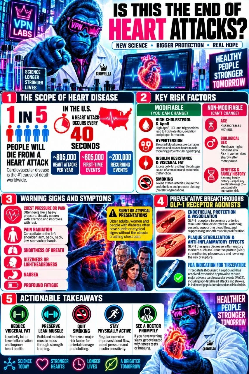 Heart attack risk factors, warning signs and GLP-1 protection infographic