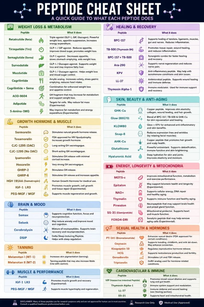 Peptide Cheat Sheet — What Each Peptide Does