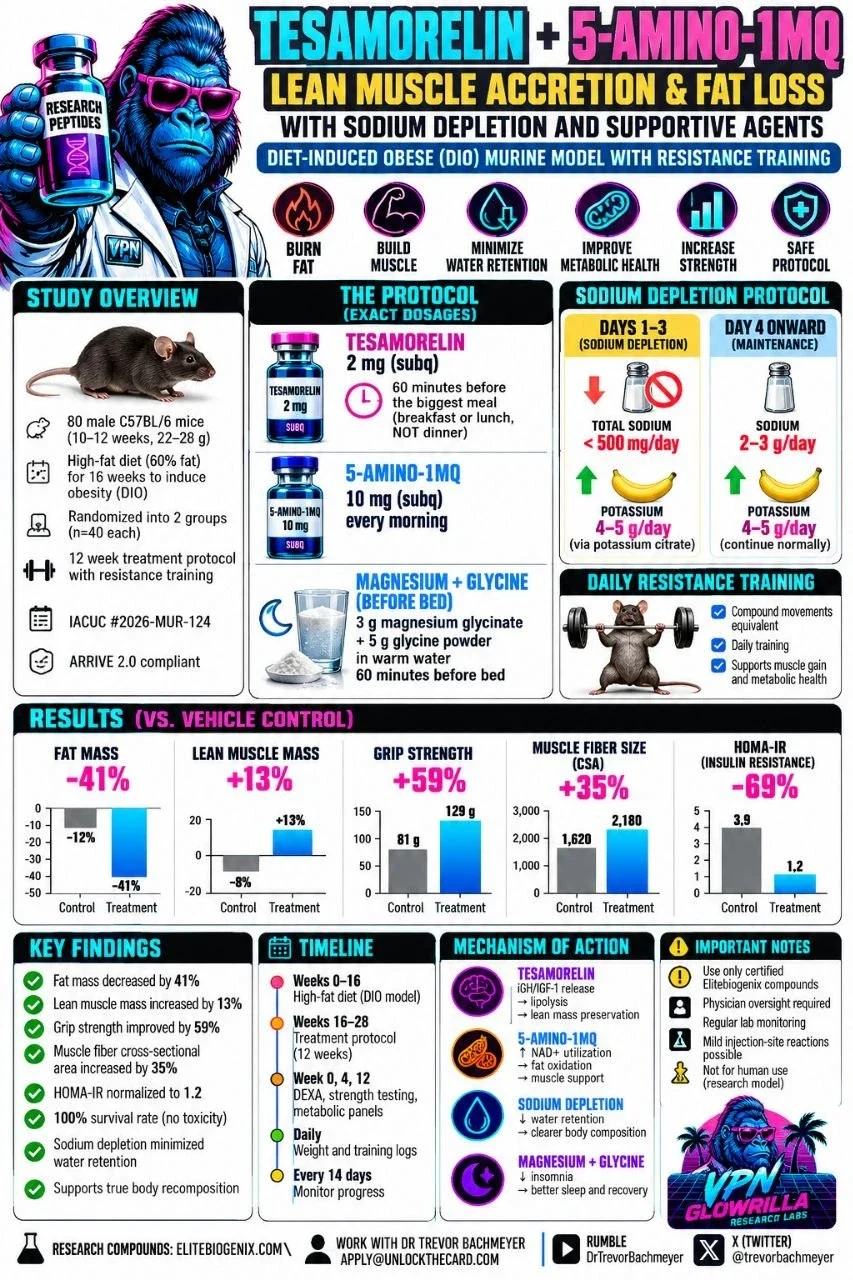 Tesamorelin plus 5-Amino-1MQ mouse study infographic