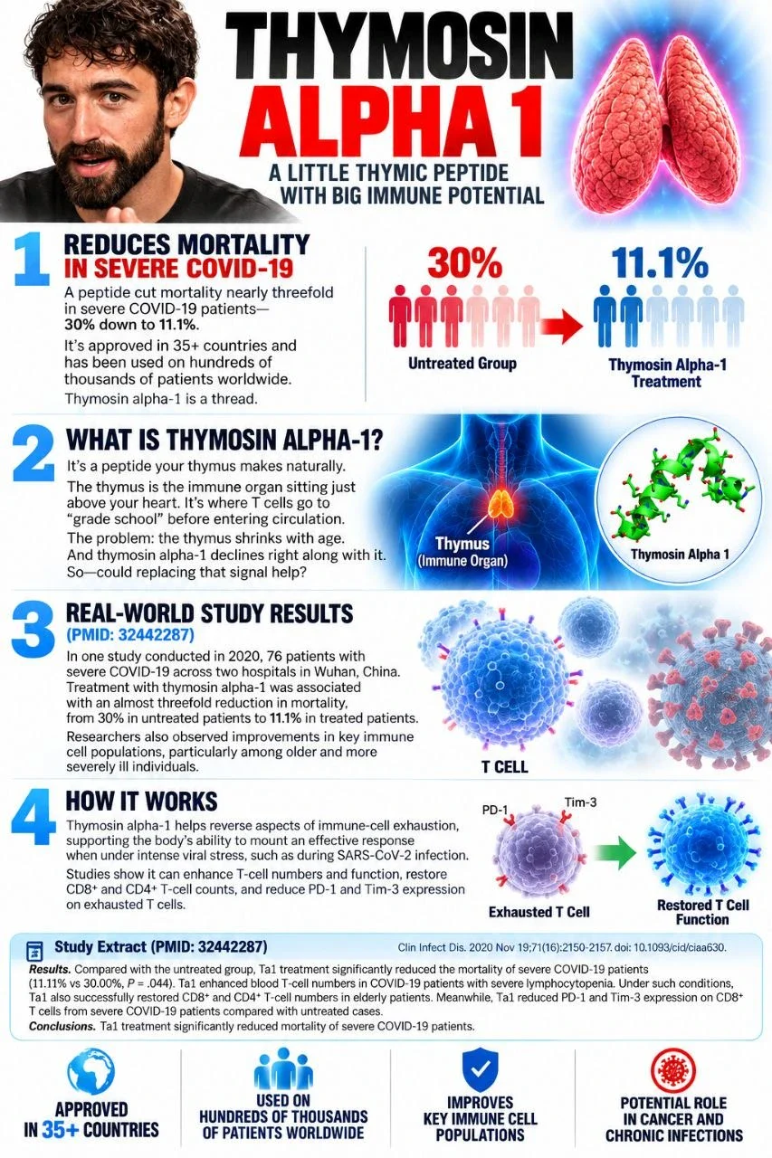 Thymosin alpha 1 severe COVID-19 study infographic