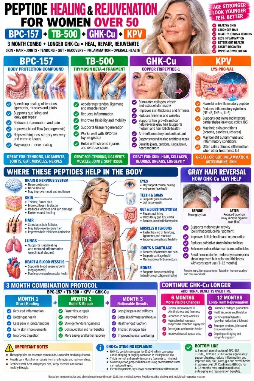 BPC-157, TB-500, GHK-Cu and KPV healing stack for women over 50